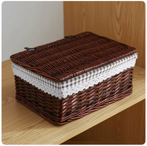 Popular fabric rattan storage basket, shelf, storage rack [upgraded with lid-brown basket gageburi] [extra large [40*30*16cm]]
