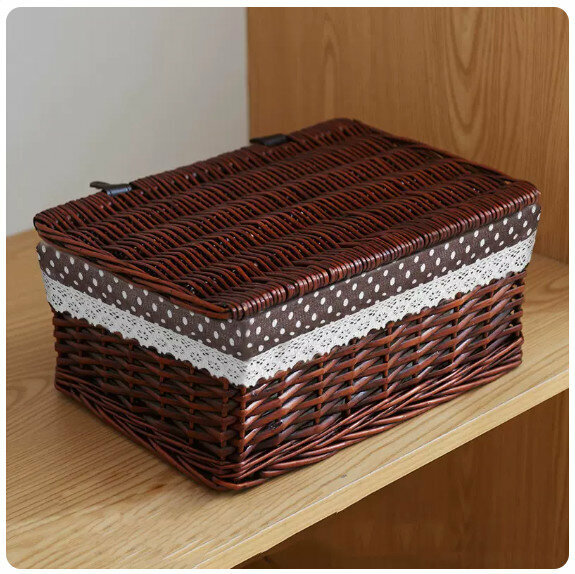 Popular fabric rattan storage basket shelf storage rack [upgraded with lid - brown basket dotted with cloth] [medium size [30*21*12cm]]
