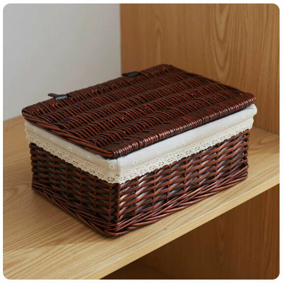 Popular fabric rattan storage basket, shelf, storage rack [upgraded with cover - brown snowflake cloth] [medium size [30*21*12cm]]