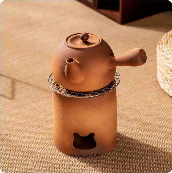 Hot-selling indoor charcoal fire and tea-making stove set [coarse pottery "thread" side-handle teapot + straight mouth cat-head eye charcoal stove + grilling grid]