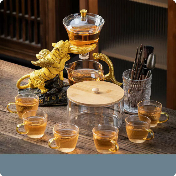 爆款家用玻璃茶具套裝【金色《如虎添翼》玻璃泡茶器+豎紋杯+茶洗+茶道】