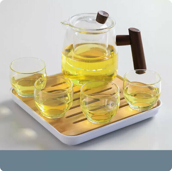 爆款家用玻璃功夫茶具套裝【透明《煙榭壺》+4個圓口杯+小四方密胺盤】