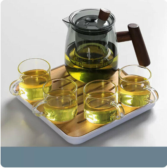 爆款家用玻璃功夫茶具套裝【煙灰色《煙榭壺》+4個把杯+小四方密胺盤】