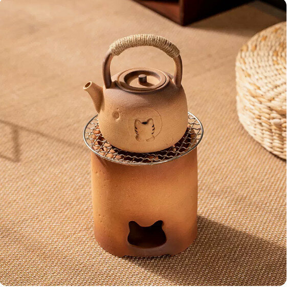 Hot-selling indoor charcoal fire and tea-making set [coarse pottery "Kitten" teapot with beam + straight mouth cat head eye charcoal stove + grilling net]