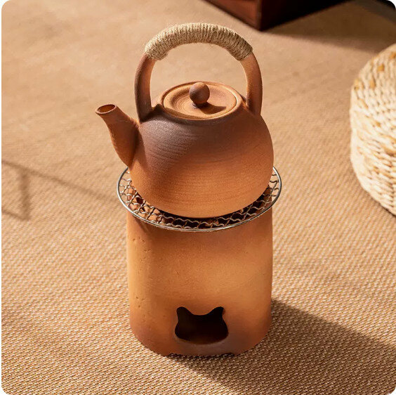 Popular indoor charcoal fire and tea making set [coarse pottery "Thread" teapot with handle + straight mouth cat head eye charcoal stove + grilling net]