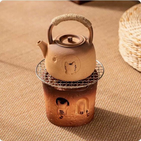 Hot-selling indoor charcoal fire and tea-making set [coarse pottery "Kitten" teapot with beam + open warm cat charcoal stove + grilling net]