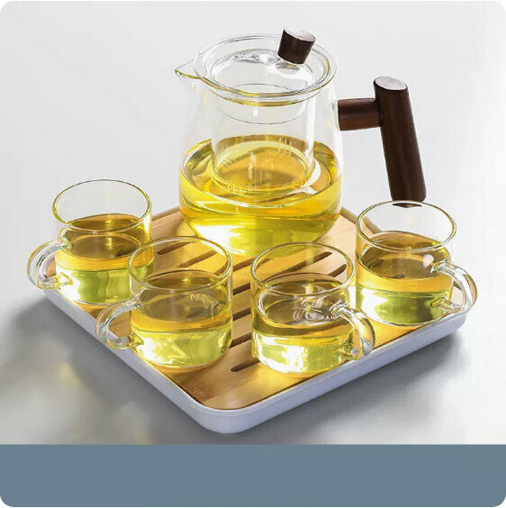 爆款家用玻璃功夫茶具套裝【透明《煙榭壺》+4個把杯+小四方密胺盤】