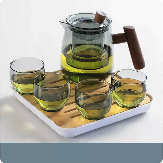 爆款家用玻璃功夫茶具套裝【煙灰色《煙榭壺》+4個圓口杯+小四方密胺盤】