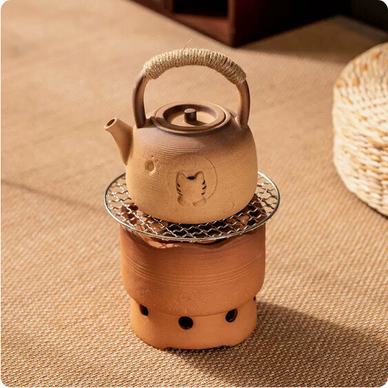 Hot style indoor charcoal fire tea making set [coarse pottery "Kitten" teapot with beam + Japanese simple charcoal stove + grilling net]