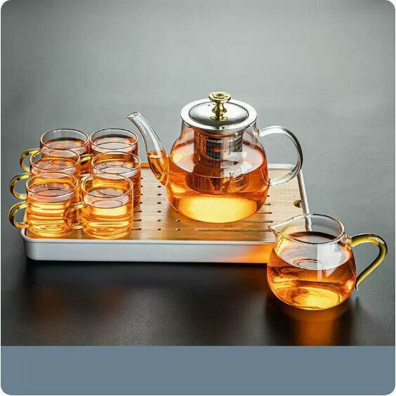 爆款家用玻璃功夫茶具套裝【金蓋(大容量雅趣壺)金色杯8件套+小長方密胺盤】