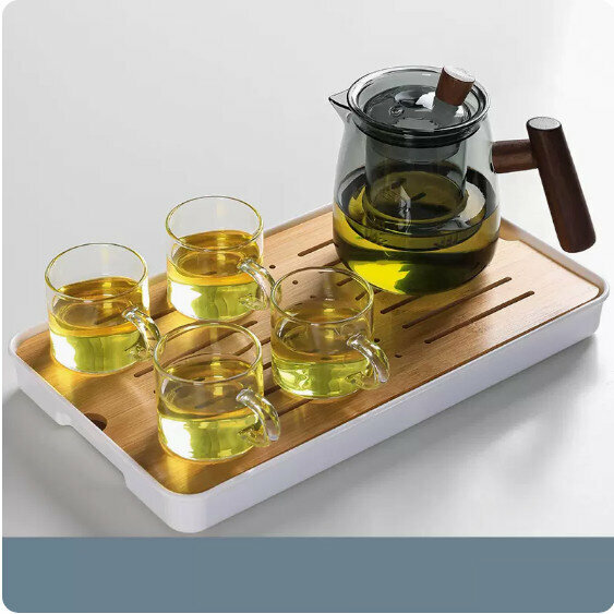爆款家用玻璃功夫茶具套裝【煙灰色《煙榭壺》+4個把杯+小長方密胺盤】
