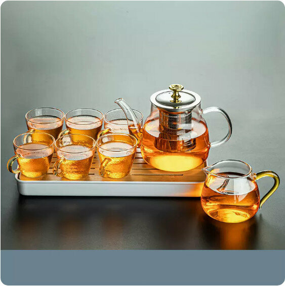 爆款家用玻璃功夫茶具套裝【金蓋(大容量雅趣壺)沙粒紋杯8件套+小長方密胺盤】