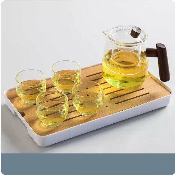 爆款家用玻璃功夫茶具套裝【透明《煙榭壺》+4個圓口杯+小長方密胺盤】