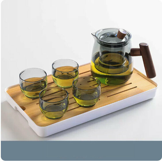 爆款家用玻璃功夫茶具套裝【煙灰色《煙榭壺》+4個圓口杯+小長方密胺盤】