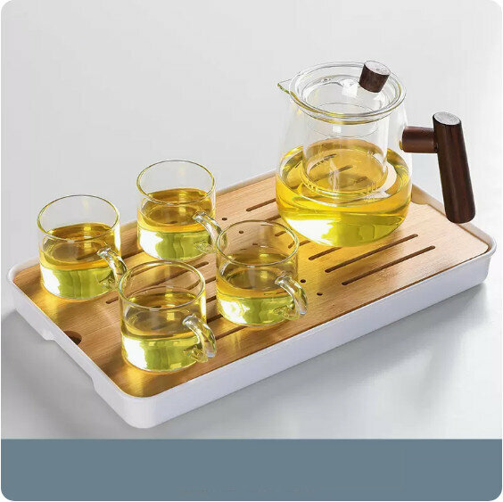 爆款家用玻璃功夫茶具套裝【透明《煙榭壺》+4個把杯+小長方密胺盤】