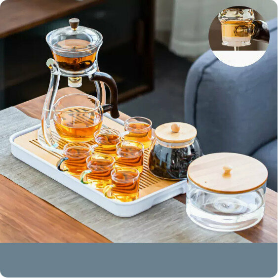 爆款家用玻璃功夫茶具套裝【玻璃架《宮燈》六彩杯+圓潤罐+竹蓋茶洗+長方密胺盤】