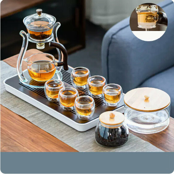 爆款家用玻璃功夫茶具套裝【玻璃架《宮燈》雙層杯+圓潤罐+竹蓋茶洗+胡桃色長方密胺盤】