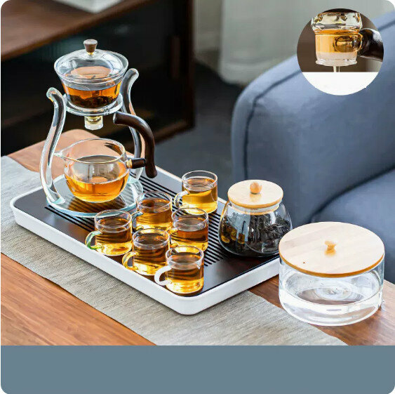 爆款家用玻璃功夫茶具套裝【玻璃架《宮燈》六彩杯+圓潤罐+竹蓋茶洗+胡桃色長方密胺盤】