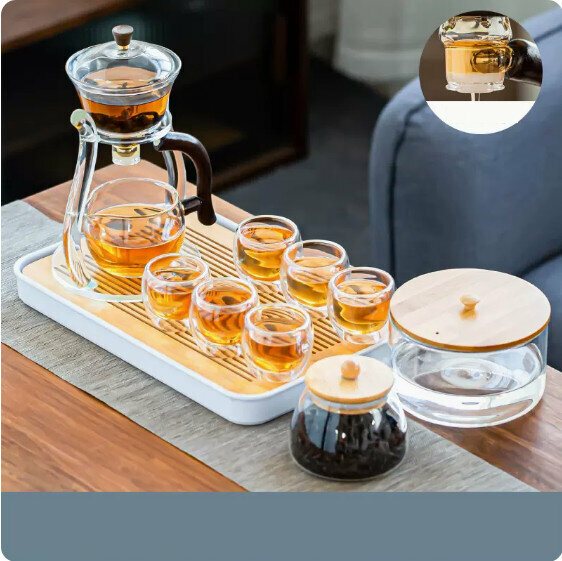 爆款家用玻璃功夫茶具套裝【玻璃架《宮燈》雙層杯+圓潤罐+竹蓋茶洗+長方密胺盤】