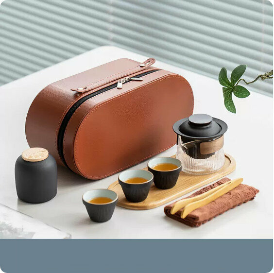 爆款戶外便攜式玻璃旅行茶具套裝【雅黑《清揚》手抓壺一壺三杯+茶葉罐+橢圓棕皮包+茶巾茶夾】