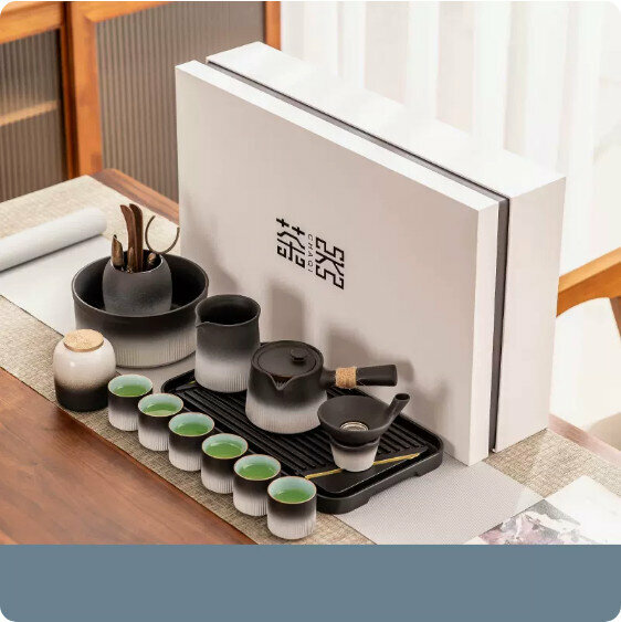 熱推家用茶具套裝【漸變白豎紋《禪寂》側把壺13件套+茶盤+禮盒裝】