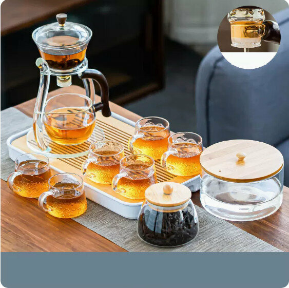 爆款家用玻璃功夫茶具套裝【玻璃架《宮燈》海浪杯+圓潤罐+竹蓋茶洗+長方密胺盤】