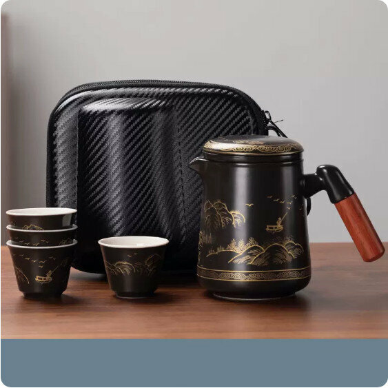 熱推戶外便攜式茶具套裝【亞光黑《江山》一壺四杯】