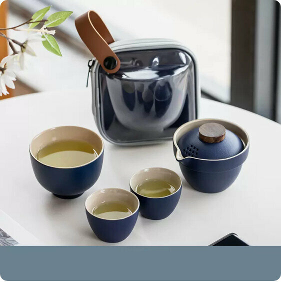 熱推戶外便攜式茶具套裝【藏藍《極簡》一壺三杯】