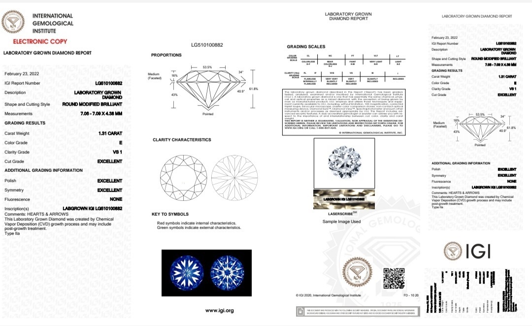 IGI LAB GROWN 1.31 E VS1 3EX NON (HEART ARROW)