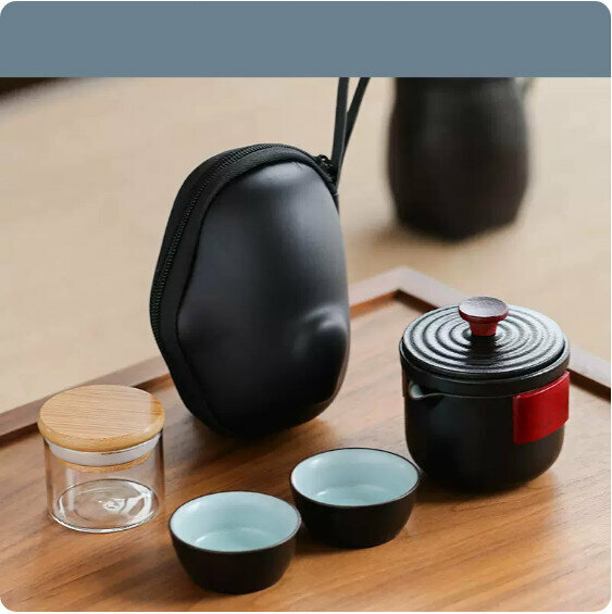 熱推戶外便攜式茶具套裝【黑陶《小善行雙木》一壺二杯旅行茶具+茶葉罐】