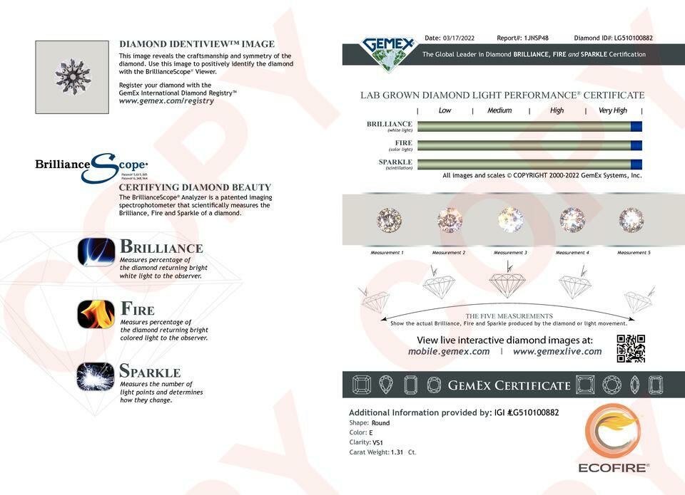 IGI LAB GROWN 1.31 E VS1 3EX NON (HEART ARROW)
