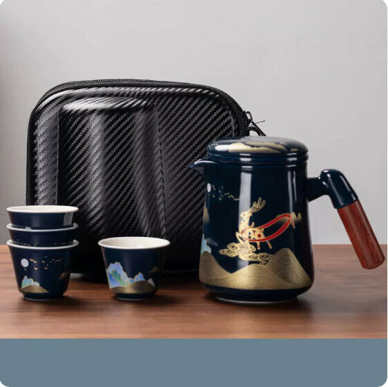 熱推戶外便攜式茶具套裝【霽藍《一鹿有你》一壺四杯】