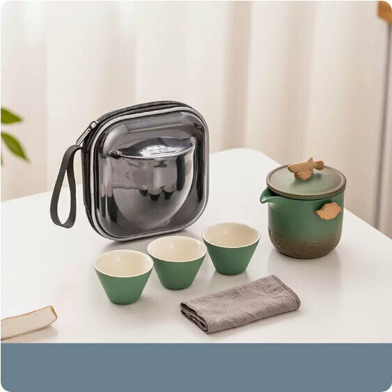 熱推戶外便攜式茶具套裝【綠陶《金龍魚》一壺三杯旅行茶具配包】