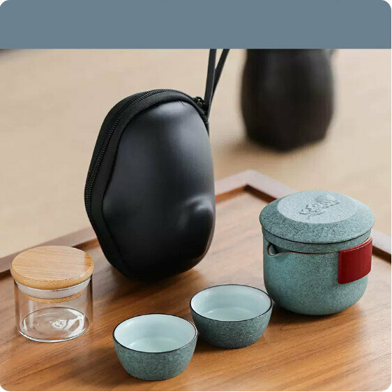 熱推戶外便攜式茶具套裝【青陶《小善行雙木》一壺二杯旅行茶具+茶葉罐】