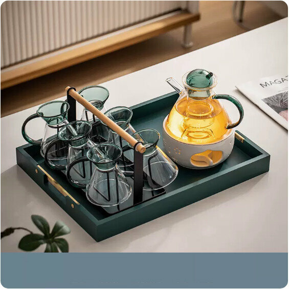 熱推家用耐熱玻璃茶具套裝【湖綠《法茲》花茶壺+6杯+黑色鐵藝（矮杯架）+大號白色《玲瓏梅花》蠟燭臺+蠟燭匙+綠色《大長方》手拉托盤】
