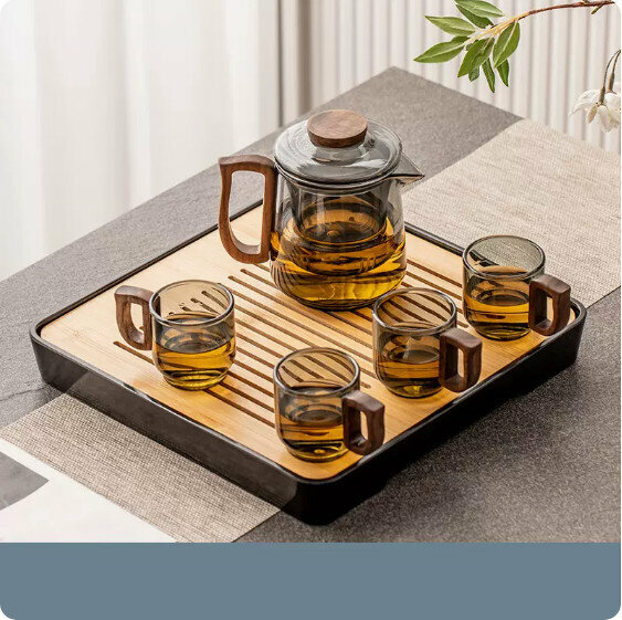 熱推家用耐熱玻璃茶具套裝【青灰《合歡》泡茶壺+胡桃木把杯4杯+黑正方密胺盤】