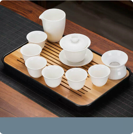 熱推家用辦公陶瓷茶具套裝【描金《美人肩蓋碗》羊脂玉10件套+大長方黑密胺盤】