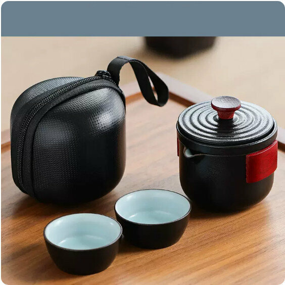 熱推戶外便攜式茶具套裝【黑陶《小善行雙木》一壺二杯旅行茶具】