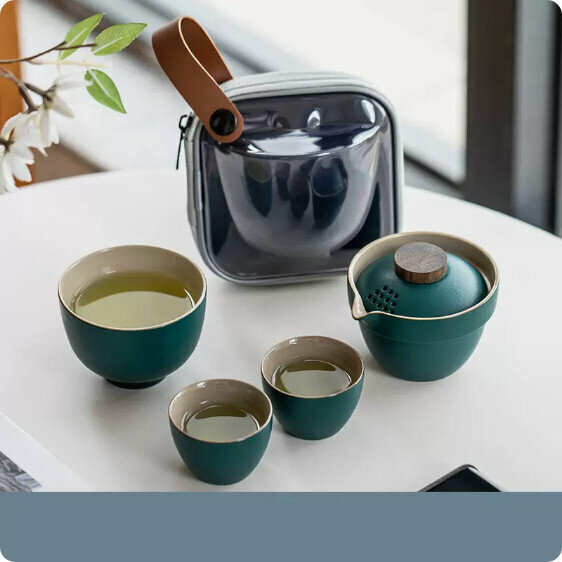 熱推戶外便攜式茶具套裝【墨綠《極簡》一壺三杯】