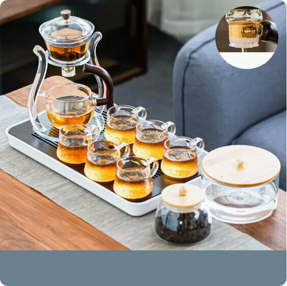 熱推家用玻璃功夫茶具套裝【玻璃架《宮燈》海浪杯+圓潤罐+竹蓋茶洗+胡桃色長方密胺盤】