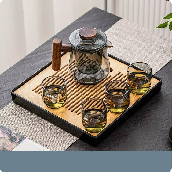 熱推家用耐熱玻璃茶具套裝【青灰《雨露》泡茶壺+梅花杯4杯+黑正方密胺盤】