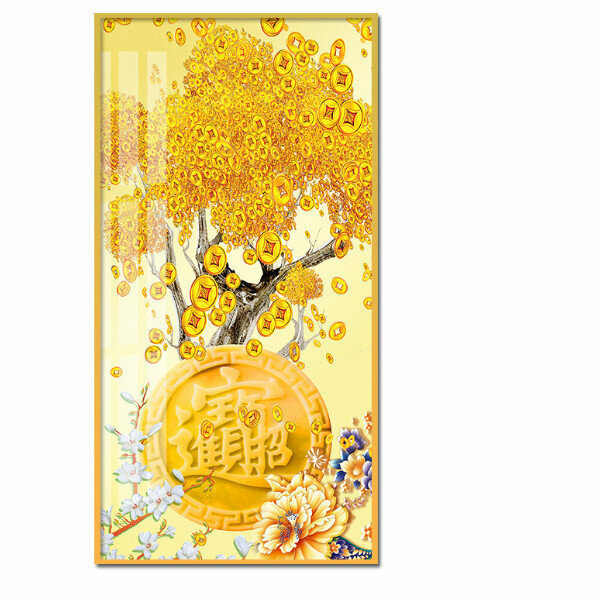 熱推中式玄關裝飾畫【缽滿盆滿（金色框）】尺寸【寬40*高80（推薦玄關牆面60cm以上）晶瓷面】