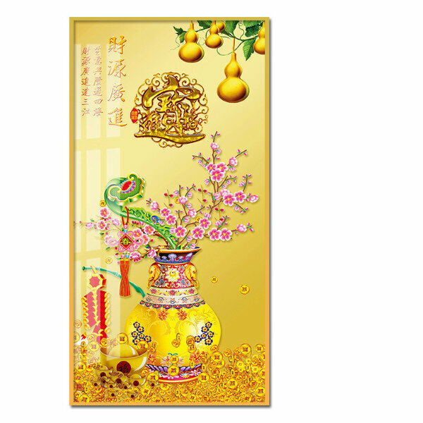 熱推中式玄關裝飾畫【百財如意（金色框）】尺寸【寬60*高120（推薦玄關牆面80cm以上）晶瓷面】