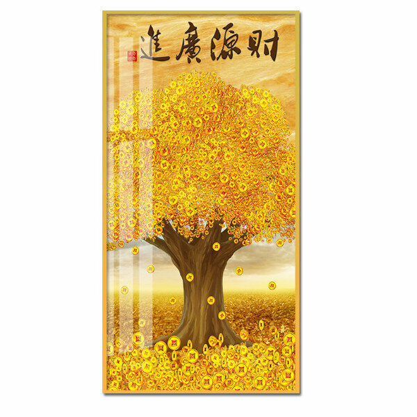 熱推中式玄關裝飾畫【財光滿溢（金色框）】尺寸【寬70*高140（推薦玄關牆面90cm以上）晶瓷面】
