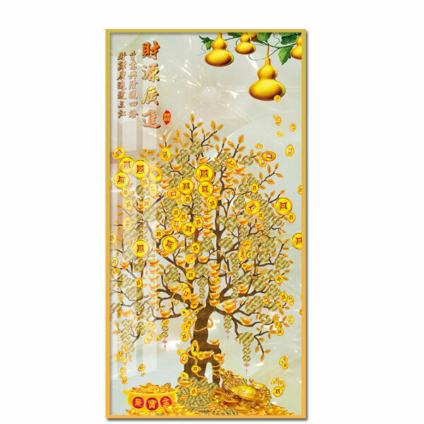 熱推中式玄關裝飾畫【財源廣進（金色框）】尺寸【寬90*高180（推薦玄關牆面120cm以上）晶瓷面】