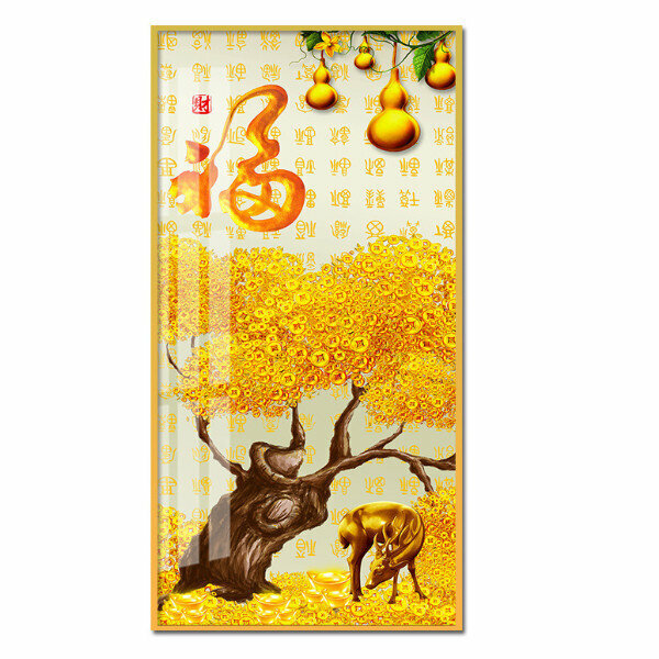 熱推中式玄關裝飾畫【福祿到家（金色框）】尺寸【寬90*高180（推薦玄關牆面120cm以上）晶瓷面】
