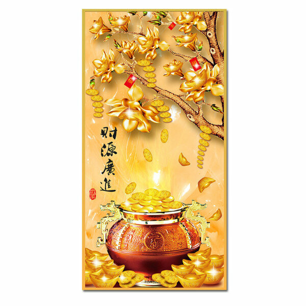 新款中式玄關裝飾畫【聚寶盆（金色框）】尺寸【寬60*高120（推薦玄關牆面80cm以上）晶瓷面】