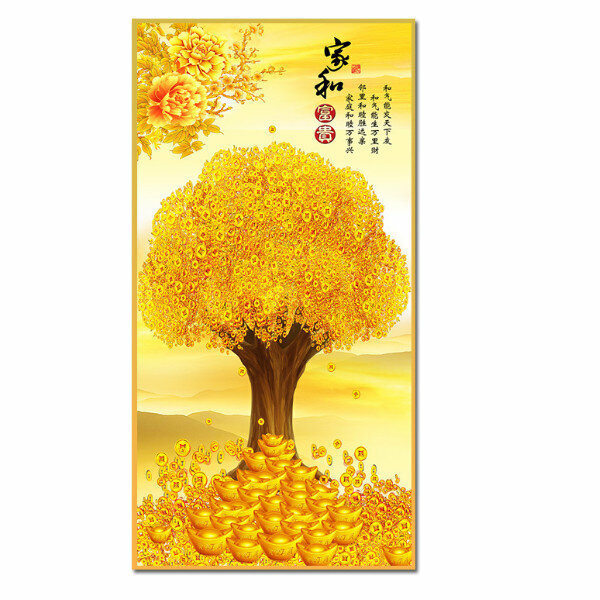 新款中式玄關裝飾畫【花開富貴（金色框）】尺寸【寬90*高180（推薦玄關牆面120cm以上）晶瓷面】
