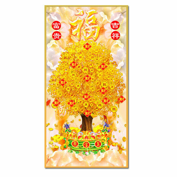 新款中式玄關裝飾畫【吉祥如意（金色框）】尺寸【寬40*高80（推薦玄關牆面60cm以上）晶瓷面】