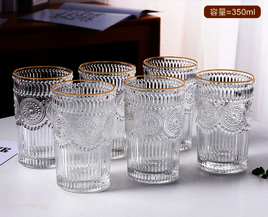 熱推太陽花玻璃水杯(規格:  金邊太陽花高杯6只裝）